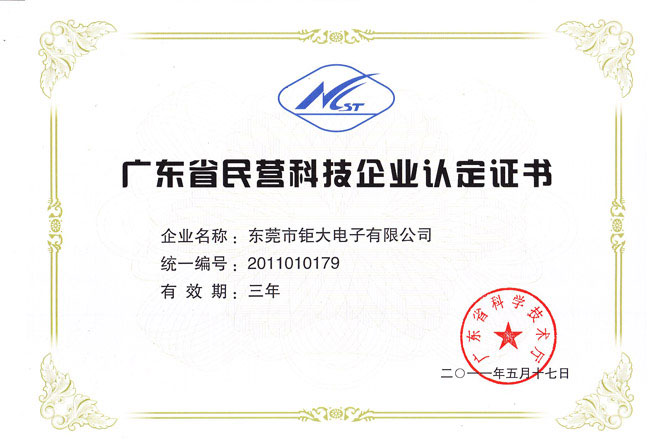 東莞鉅大榮獲“廣東省民營(yíng)科技企業(yè)”稱(chēng)號(hào)